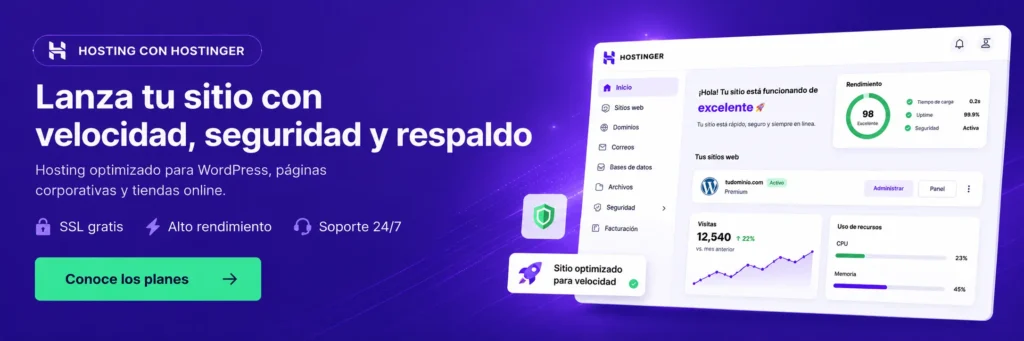 Banner promocional de hosting para WordPress con Hostinger, destacando velocidad, seguridad, SSL gratis y soporte 24/7.